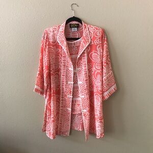 Bob Mackie Coral and White Silk Floral Open Front Top